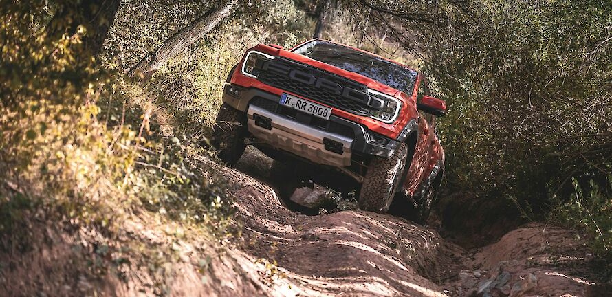 Ford Ranger Raptor halad az erdei úton